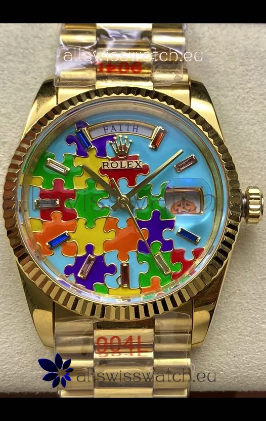Rolex Day Date Emoji Jig-Saw Puzzle Yellow Gold Casing Swiss Replica Watch 