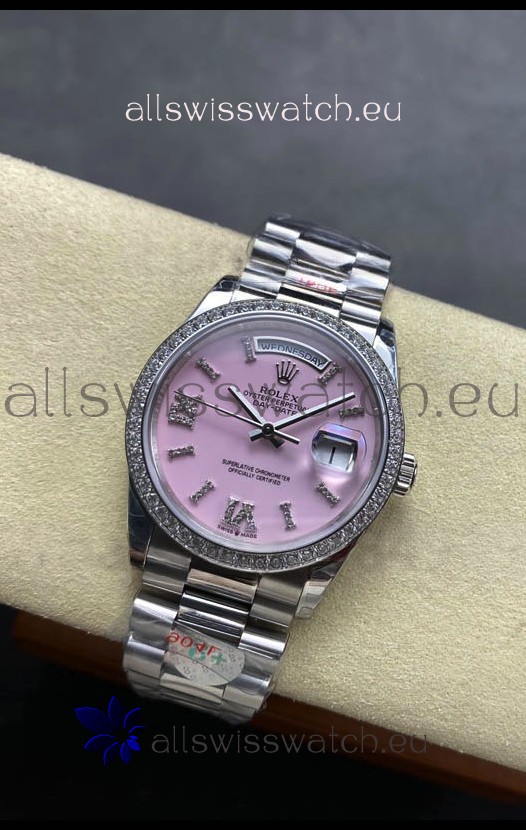 Rolex Day Date Super Clone Stainless Steel Pink Dial Diamonds Numerals Watch 36MM - 1:1 Mirror Quality