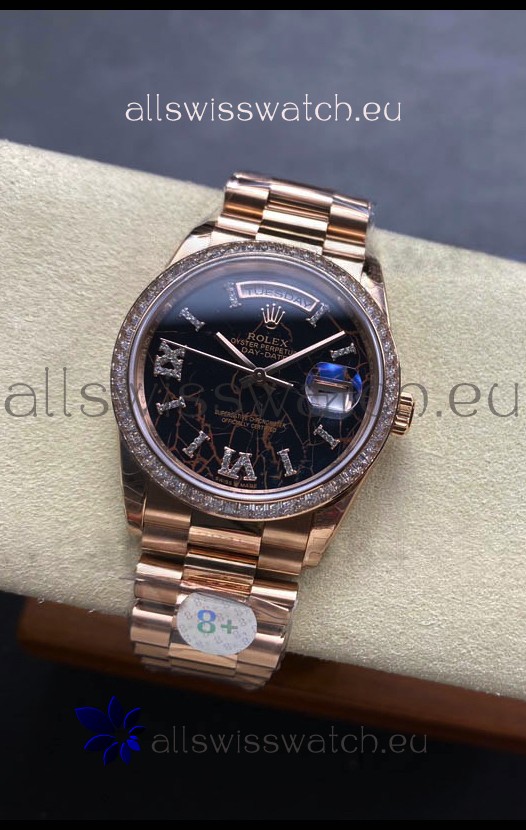 Rolex Day Date Super Clone Rose Gold Eisenkiesel Dial Diamonds Numerals Watch 36MM - 1:1 Mirror Quality