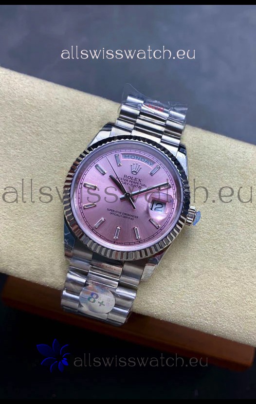 Rolex Day Date Super Clone Stainless Steel Pink Sunburst Dial Crystal Numerals Watch 36MM - 1:1 Mirror Quality