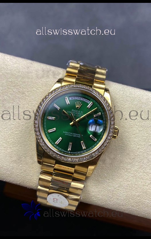 Rolex Day Date Super Clone Yellow Gold Green Dial Crystal Numerals Watch 36MM - 1:1 Mirror Quality
