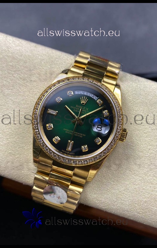 Rolex Day Date Super Clone Yellow Gold Green Dial Diamonds Numerals Watch 36MM - 1:1 Mirror Quality