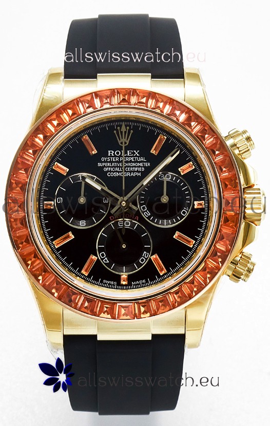 Rolex Daytona Super Clone Daytona Yellow Gold Casing Black Dial with Sapphires Bezel 