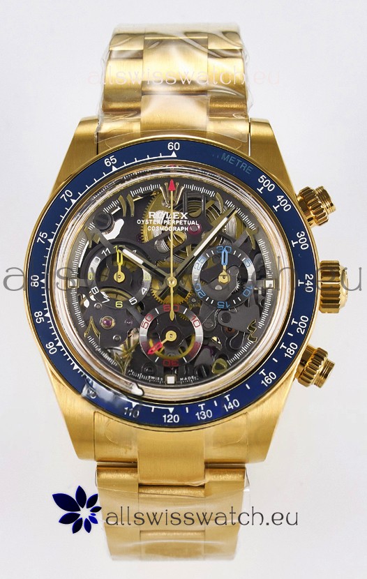 Rolex Daytona Super Clone Artisans De Geneve Yellow Gold Watch Blue Bezel Skeleton Watch 