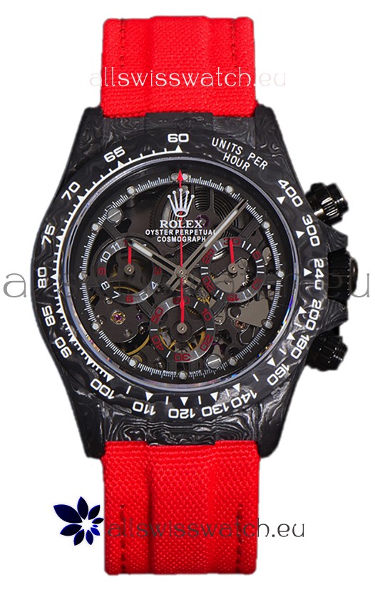 Rolex Daytona DiW Skeleton Carbon Edition Watch - Forged Carbon Casing Red Strap 1:1 Mirror Replica