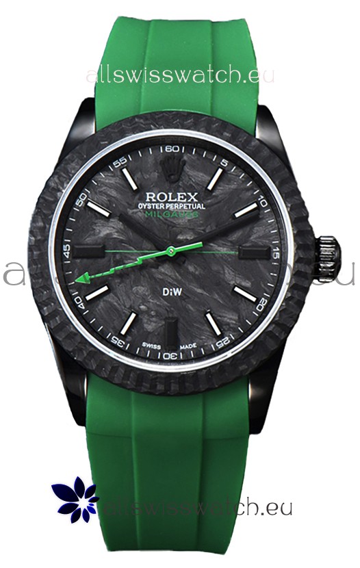 Rolex Milgauss DiW Black Carbon Casing Watch - ETA2836 Automatic Movement in Green Strap 