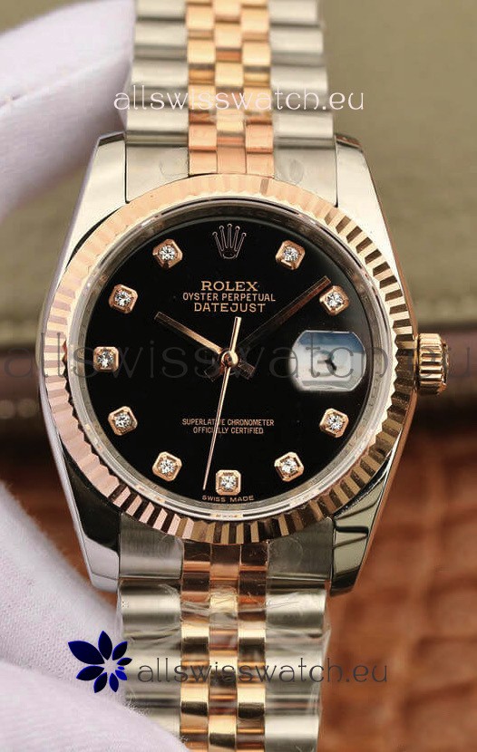 Rolex Datejust 36MM ETA-3135 Movement Swiss Replica in 904L Two Tone Black Dial