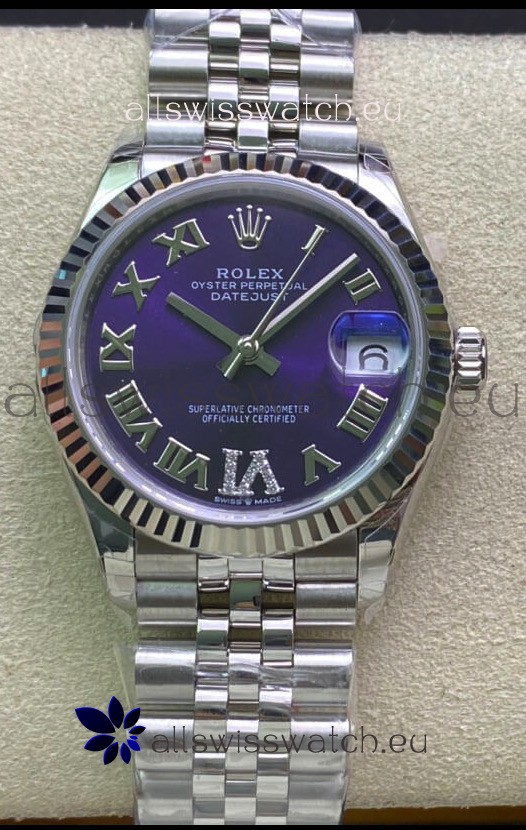 Rolex Datejust 31MM ETA-2671 Movement Swiss Replica in 904L Steel Purple Dial 