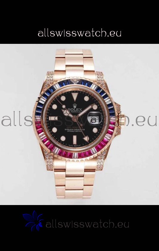 Rolex GMT Masters II Diamonds Swiss watch with Rose Gold 904L Case - 1:1 Mirror Quality 