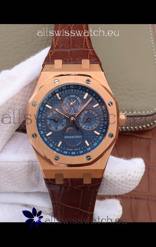 Audemars Piguet Royal Oak Perpetual Calendar Swiss Replica Rose Gold Casing Watch in Blue Dial