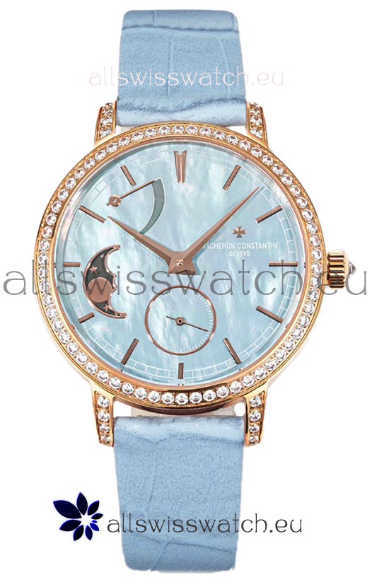 Vacheron Constantin Traditionelle Moon Phase Blue Mother of Pearl Dial in Rose Gold Swiss Replica