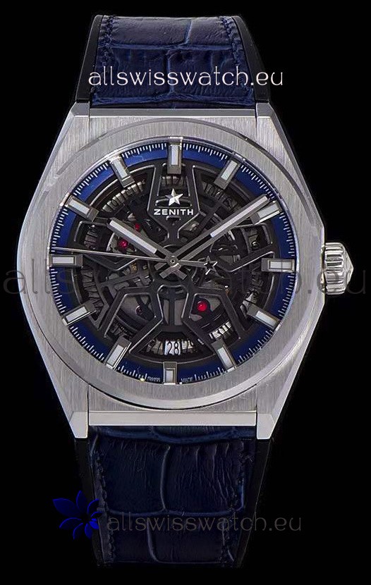 Zenith Defy Classic Skeleton 41 mm Titanium Men's Swiss Replica Watch - Blue Leather Strap