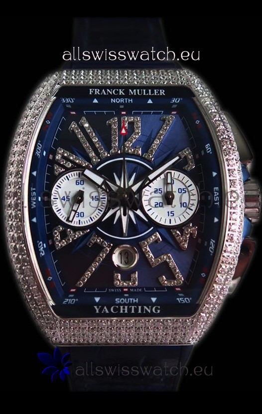 Franck Muller Vanguard Chronograph 904L Steel Blue Dial with Diamonds Swiss Watch 