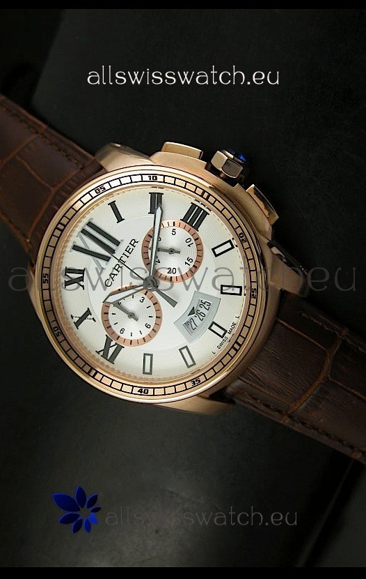 Calibre De Cartier Chronograph Japanese Replica Watch in Pink Gold