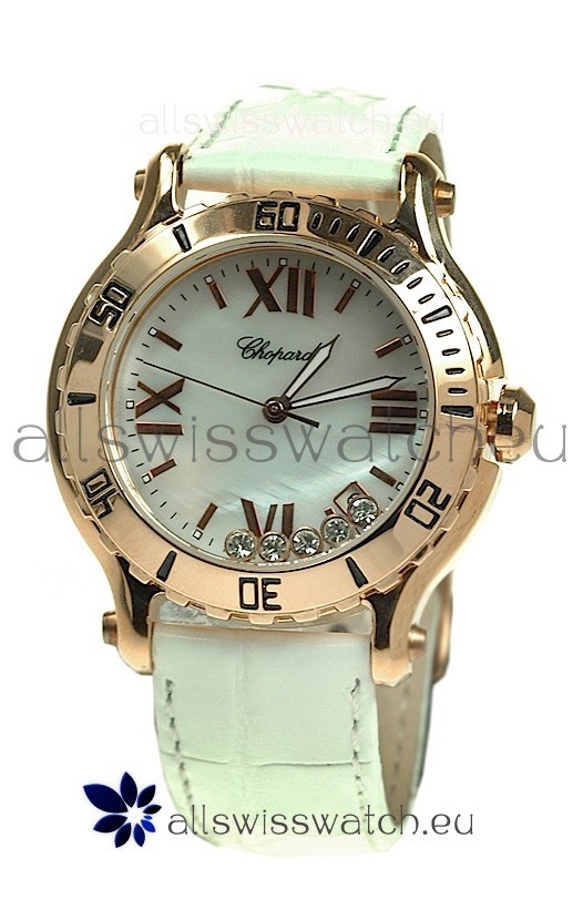 Chopard Happy Sport Diamonds Edition Replica Gold Watch in White Strap