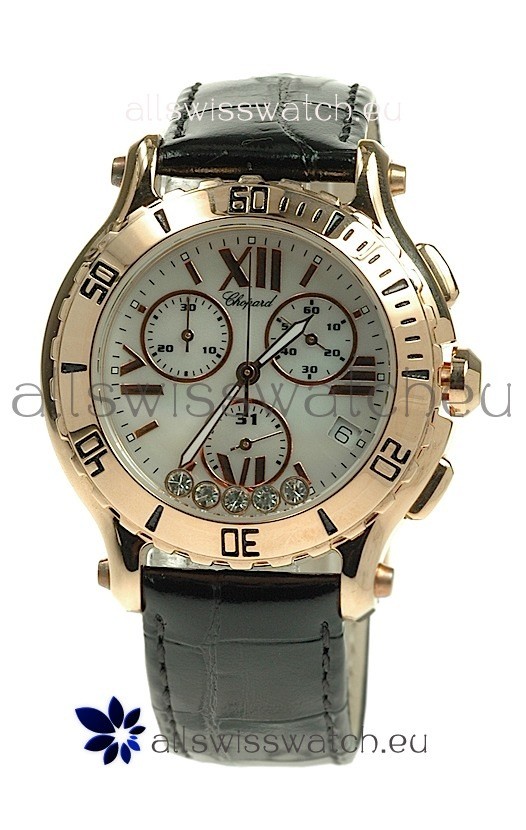 Chopard Happy Sport Diamonds Edition Replica Gold Watch in Black Strap