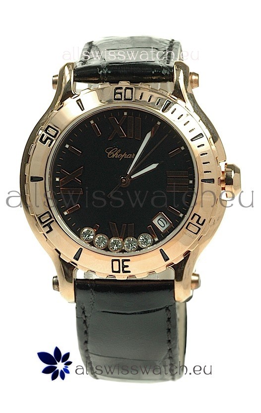 Chopard Happy Sport Diamonds Edition Replica Gold Watch in Black Strap
