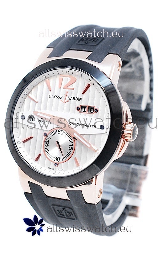 Ulysse Nardin Executive Dual Time Japanese Replica Rose Gold Watch in Black Bezel