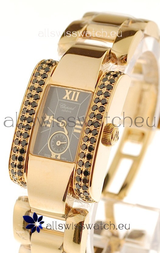 Chopard La Strada Swiss Ladies Replica Pink Gold Watch in Black Dial 