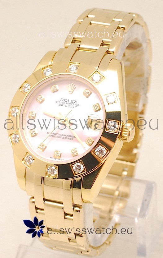 Rolex Datejust Pearlmaster Swiss Replica Gold Watch in Pink Pearl Dial -34MM