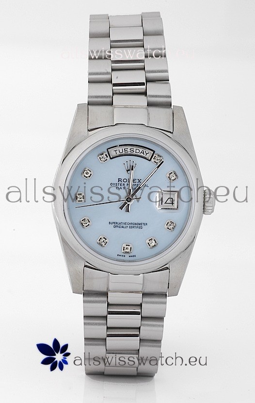 Rolex Day Date Silver Japanese Replica Watch in Mother Of Pearl Blue Dial