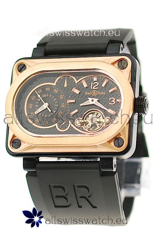 Bell and Ross BR Minuteur Tourbillon Japanese Replica Gold Watch in Black Dial