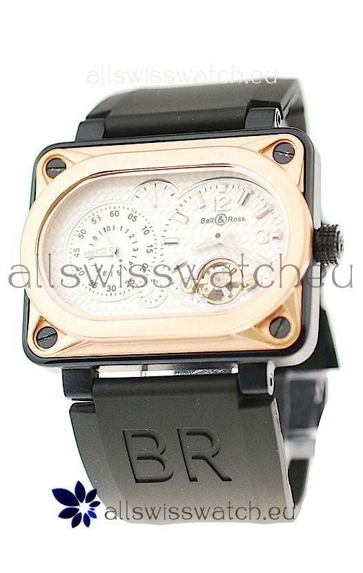 Bell and Ross BR Minuteur Tourbillon Japanese Replica Gold Watch in White Dial