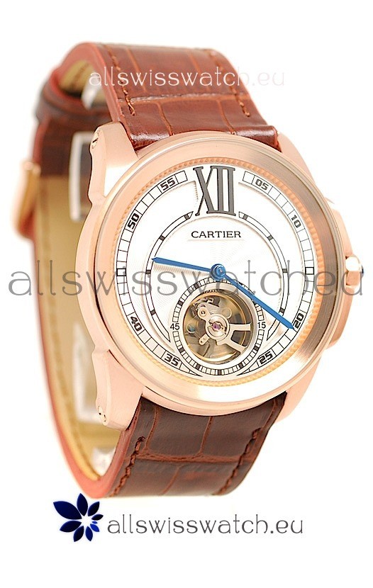 Calibre de Cartier Flying Tourbillon Japanese Replica Rose Gold Watch in Brown Strap