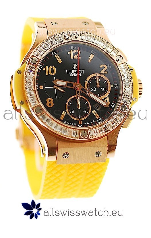Hublot Big Bang Swis Watch Yellow Strap Black Dial Pink Gold Case
