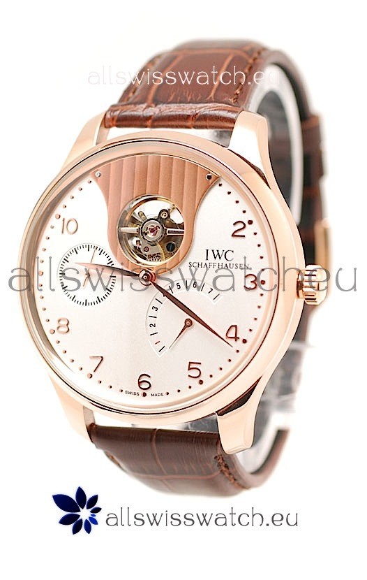 IWC Portuguese Tourbillon Mystere Japanese Replica Rose Gold Watch in White Dial