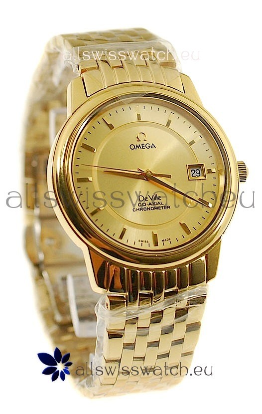 Omega Co-Axial Deville Japanese Gold Watch in Golden Markers