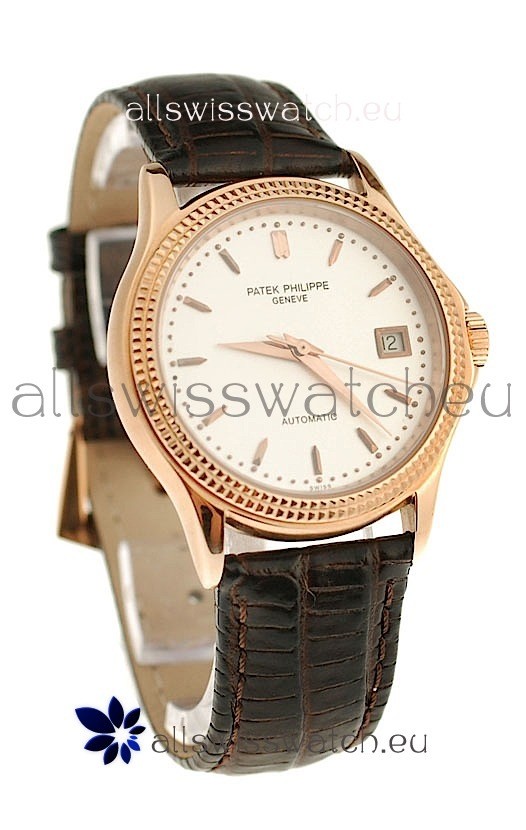 Patek Philippe Geneve Replica Pink Gold Watch in White Dial 