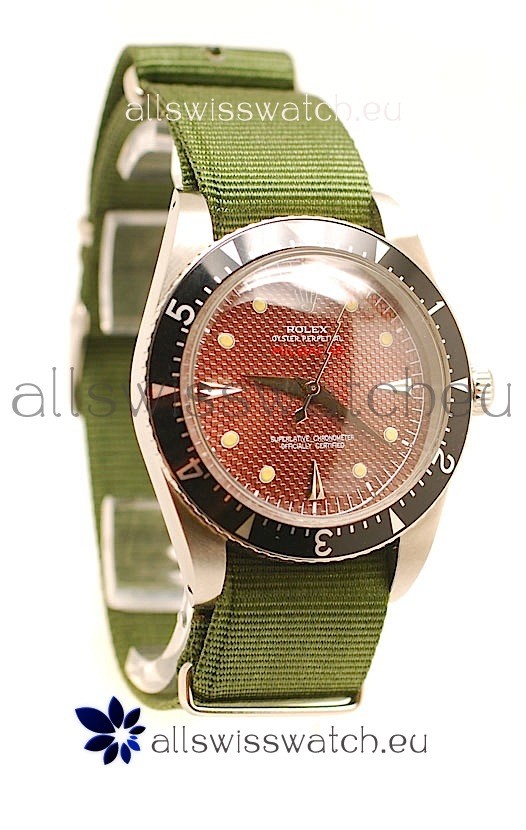 Rolex Submariner Swiss Watch in Green Nylon Strap Red Dial