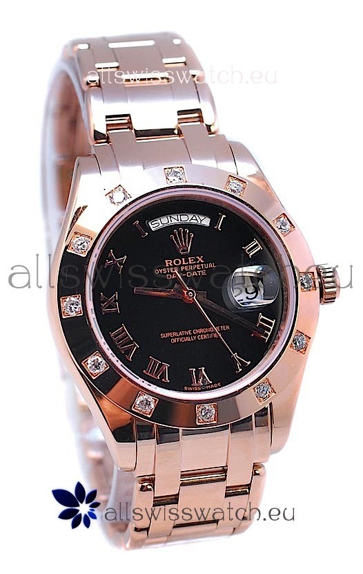 Rolex Day Date Rose Gold Swiss Replica Watch in Diamond Bezel