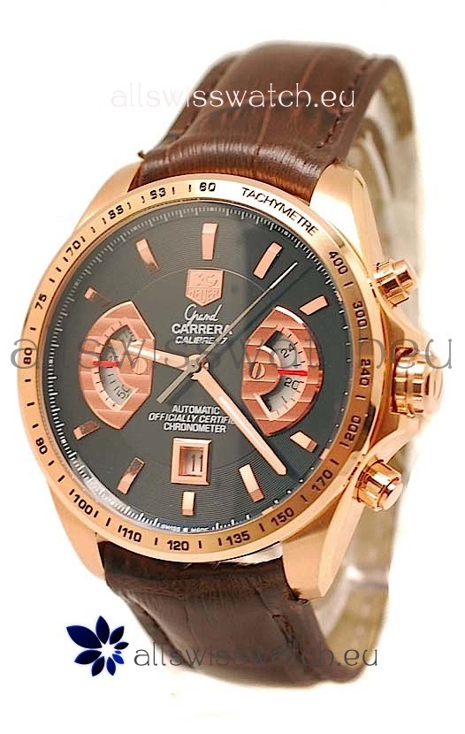 Tag Heuer Grand Carrera Japanese Replica Gold Watch in Black Dial
