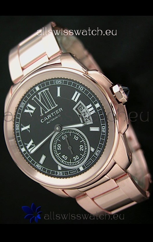 Calibre De Cartier Japanese Automatic Replica Rose Gold Watch in Black Dial