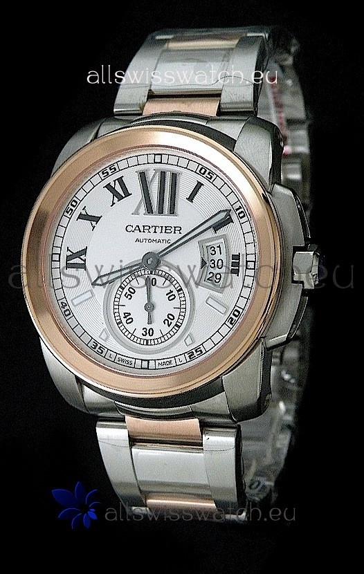 Cartier Calibre de Japanese Replica Rose Gold Watch in White Dial