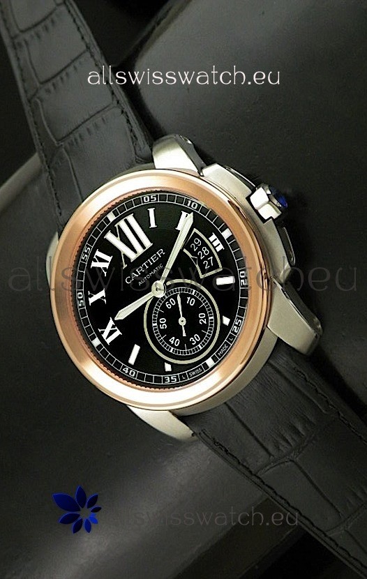 Cartier Calibre de Japanese Replica Rose Gold Watch in Leather Strap