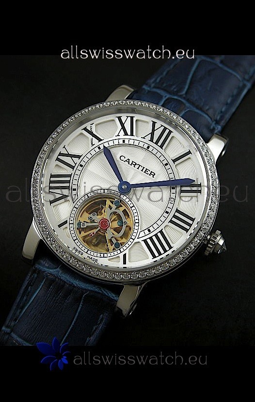 Cartier Ronde de Tourbillon Japanese Replica Diamond Watch in Blue Strap