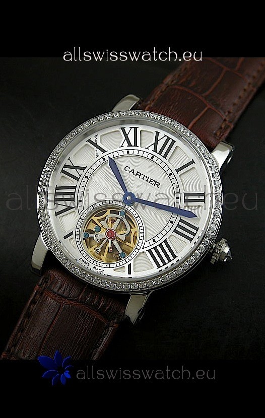 Cartier Ronde de Tourbillon Japanese Replica Diamond Watch in Brown Strap