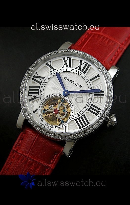 Cartier Ronde de Tourbillon Japanese Replica Diamond Watch in Red Strap