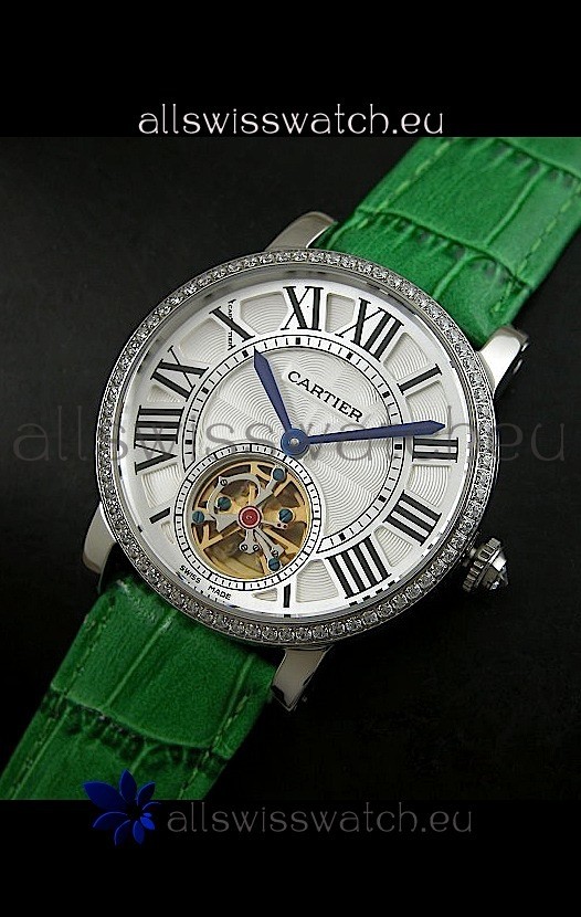 Cartier Ronde de Tourbillon Japanese Replica Diamond Watch in Green Strap
