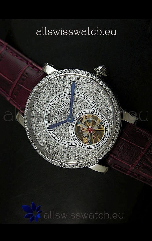 Cartier Ronde de Tourbillon Japanese Replica Diamond Watch in Purple Strap
