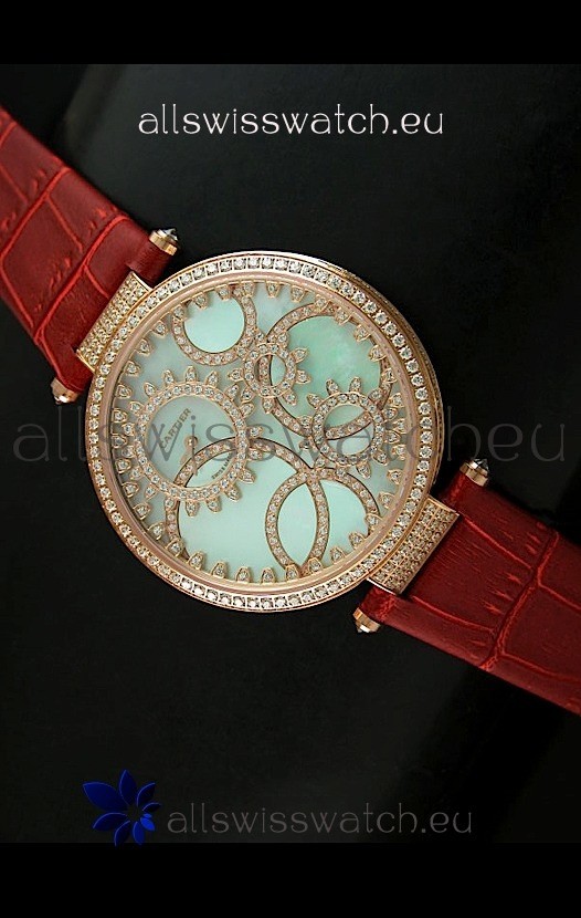 Cartier Replica Watch with Diamonds Embedded Dial Bezel in Gold Case/Brown Strap