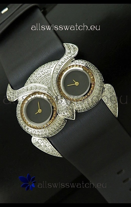 Chopard Animal World Ladies Owl Black Full Diamond Watch in Black Double Eyes Dial