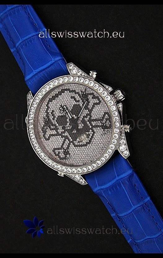 Five Time Zones J&C Skull Japanese Quartz in Full Diamonds