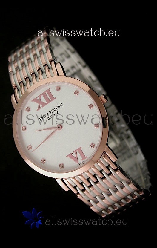 Patek Philippe Geneve Men Japanese Rose Gold Watch in White Dial