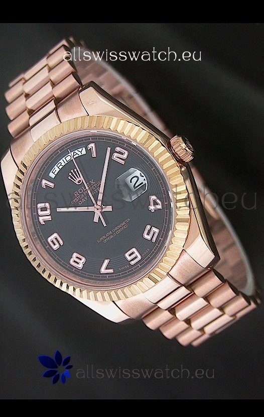 Rolex Day Date Swiss Replica Steel Watch in Black Dial