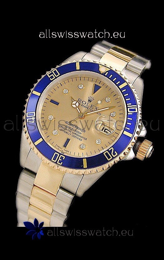 Rolex Submariner Oyster Perpetual Japanese Replica Two Tone Gold Watch in Blue Bezel