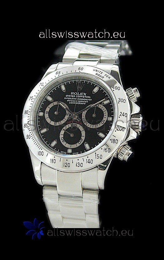 Rolex Daytona Cosmograph Swiss Replica Steel Watch in Black Dial